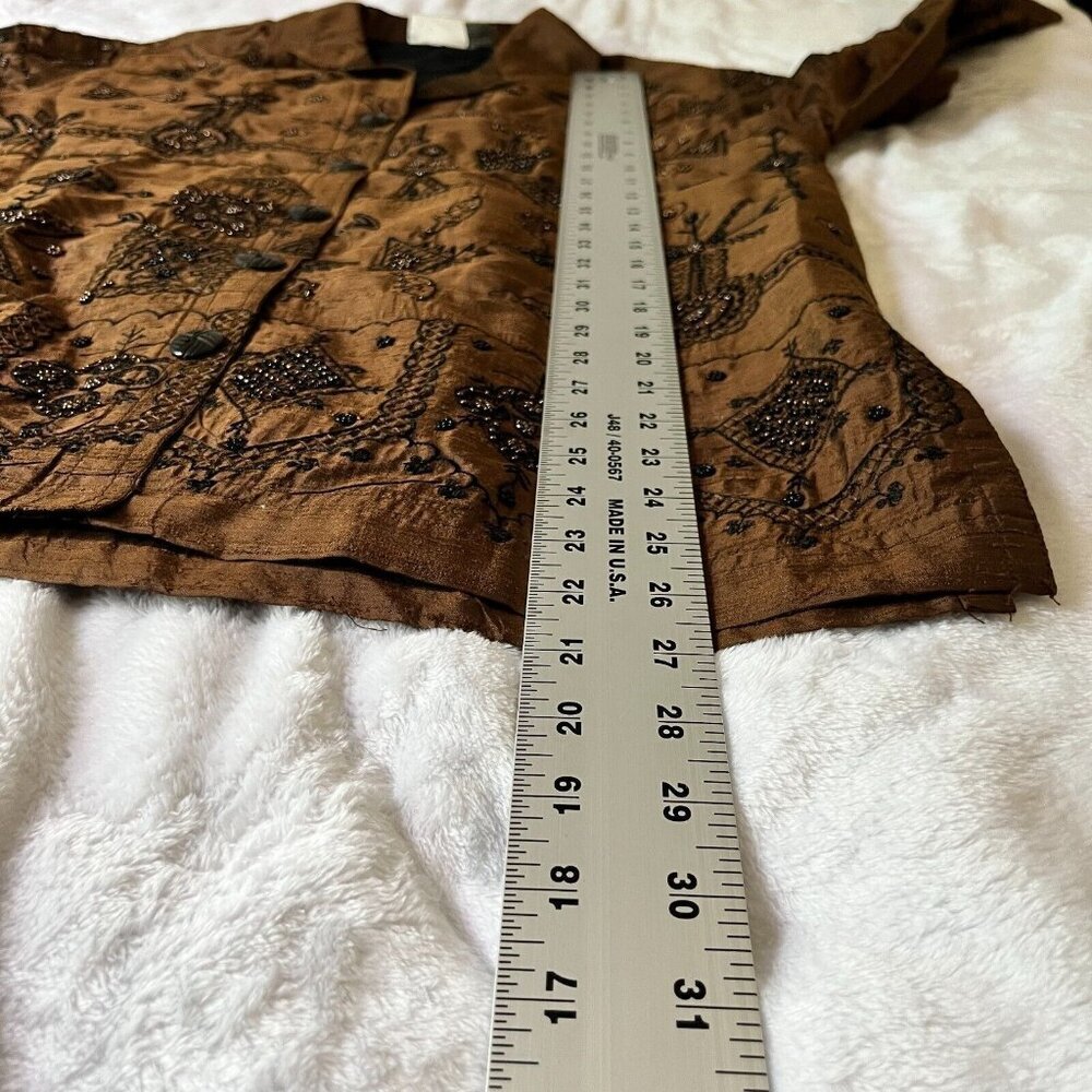 Chico's Design Womens Size 1 Silk Jacket Beaded Embroidered Bronze Shimmer Brown - Picture 7 of 8